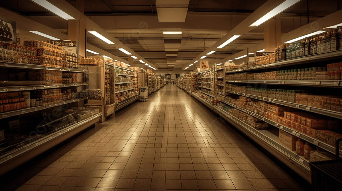 An Empty Grocery Store Aisle Lit Up At Night In The Background With ...